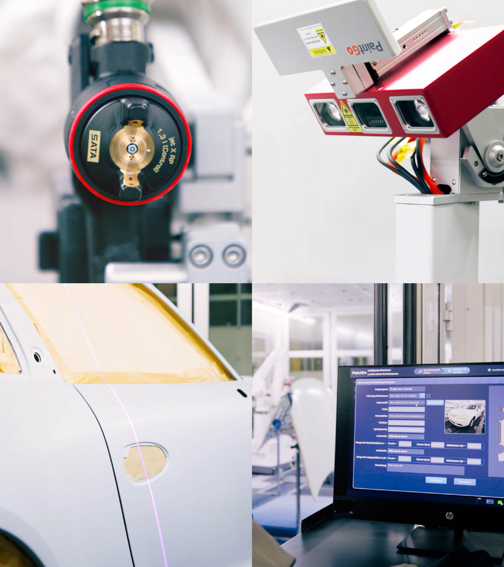 Kollage aus 4 Ausschnitten des PaintGo® Lackierroboters mit 1. Spritzpistole gehalten von Lackierarm 2. 3D-Kameras mit RFID-Sensorik 3. Fahrzeugseite vorbereitet zur Verarbeitung durch PaintGo® 4. Software des PaintGo®